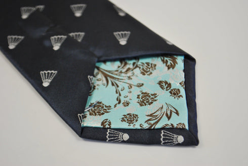 navy tie with badminton shuttlecock embroidered design