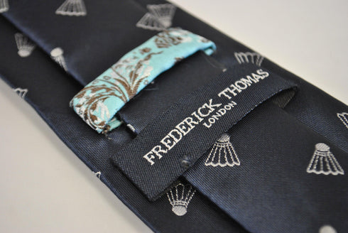 navy tie with badminton shuttlecock embroidered design