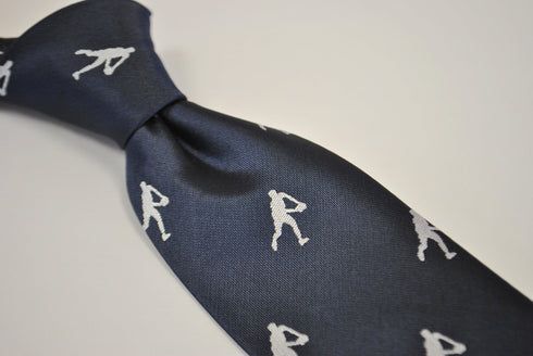 navy tie with rugby player silhouette design