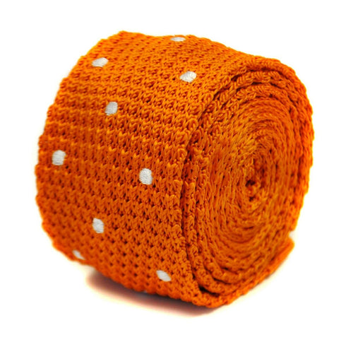 orange skinny knitted tie with white polka dots