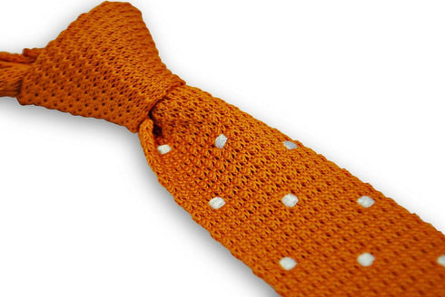 orange skinny knitted tie with white polka dots