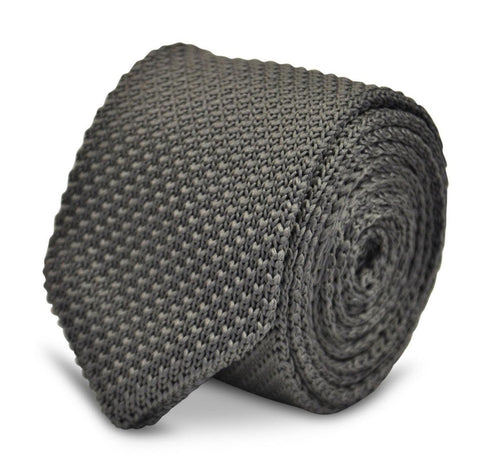 plain grey skinny knitted tie with pointed end