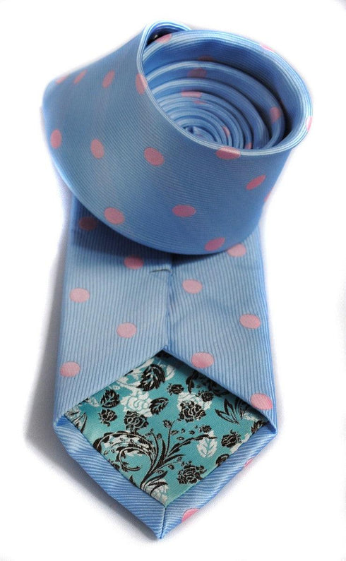 blue tie with pink polka dots