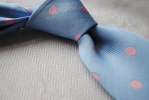 blue tie with pink polka dots