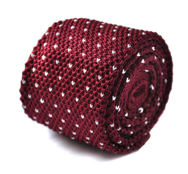 maroon skinny knitted tie with white heart knit polka dots