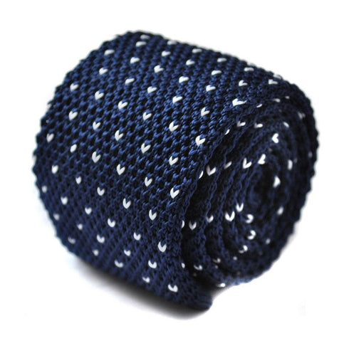 navy blue skinny knitted tie with white heart knit polka dots