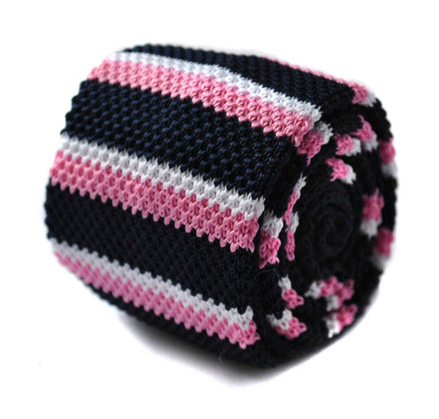 black, pink and white striped skinny knitted tie