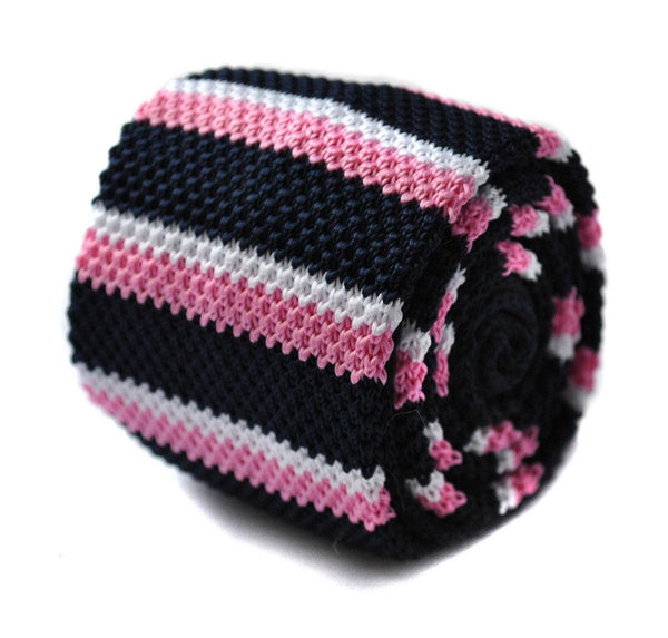 black, pink and white striped skinny knitted tie