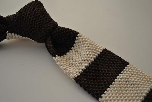 cream and brown striped skinny knitted tie