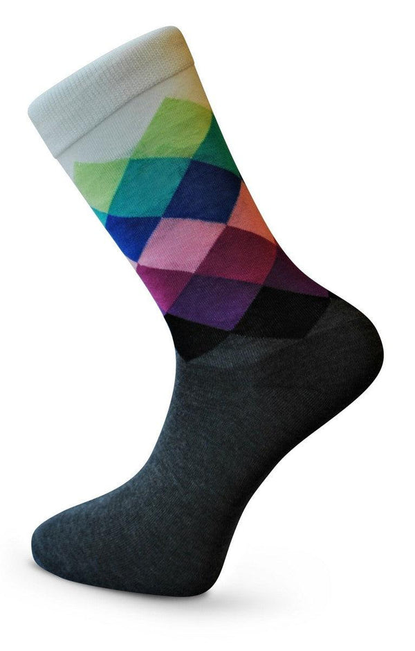 grey, purple and white patterned mens socks