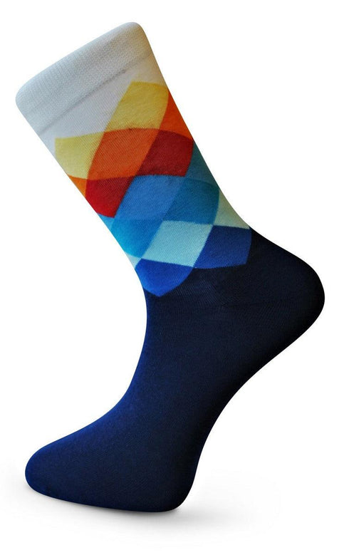 blue, red and yellow patterned mens socks