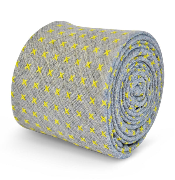 grey tie with yellow cross pattern in 100% cotton linen