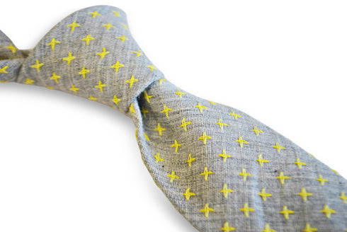 grey tie with yellow cross pattern in 100% cotton linen