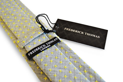 grey tie with yellow cross pattern in 100% cotton linen