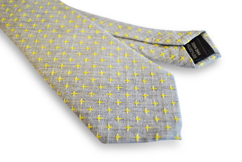 grey tie with yellow cross pattern in 100% cotton linen