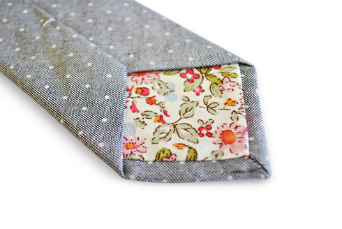 grey tie with white pin spot design in 100% cotton linen