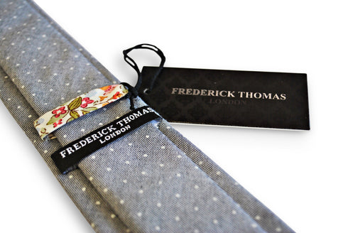 grey tie with white pin spot design in 100% cotton linen