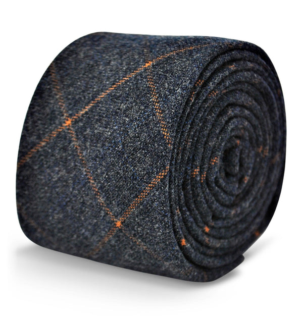 navy tweed/wool slim tie with orange check