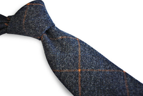 navy tweed/wool slim tie with orange check