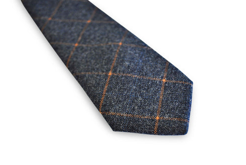 navy tweed/wool slim tie with orange check