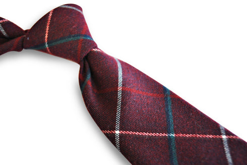 dark red with blue check tweed slim wool tie
