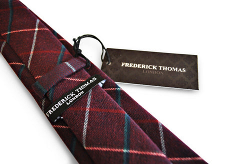 dark red with blue check tweed slim wool tie