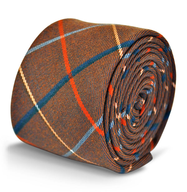 brown with red and blue check tweed slim wool tie