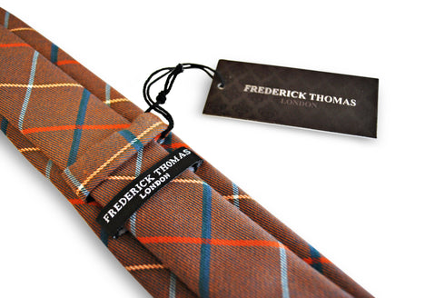 brown with red and blue check tweed slim wool tie