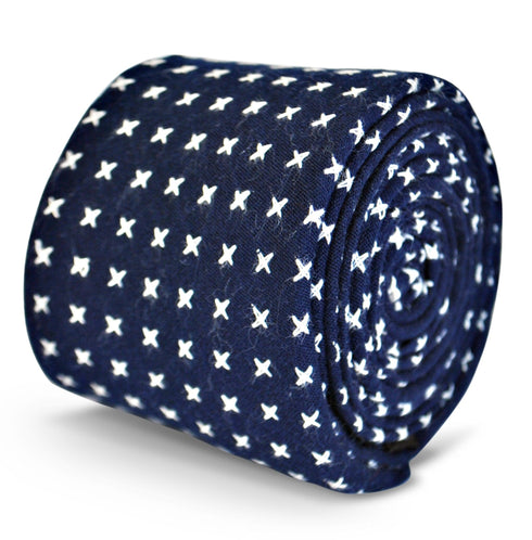 navy blue with cross design in 100% cotton linen tie