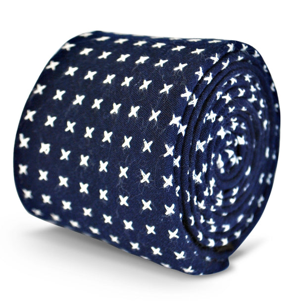 navy blue with cross design in 100% cotton linen tie