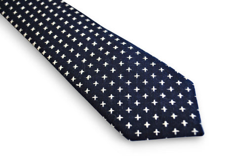 navy blue with cross design in 100% cotton linen tie