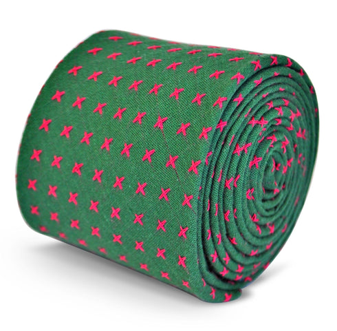 green tie with pink cross pattern in 100% cotton linen