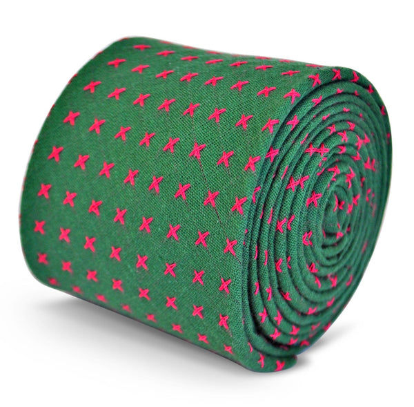 green tie with pink cross pattern in 100% cotton linen