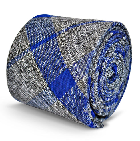 grey with blue check design cotton/linen tie