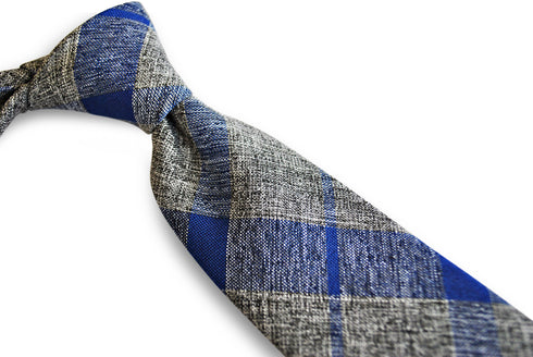 grey with blue check design cotton/linen tie