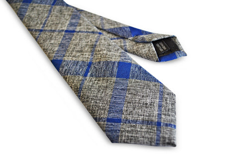 grey with blue check design cotton/linen tie