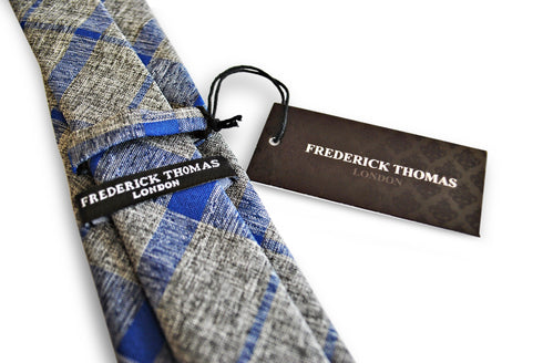 grey with blue check design cotton/linen tie