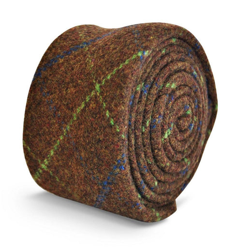 brown, blue and green check tweed skinny tie