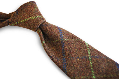 brown, blue and green check tweed skinny tie