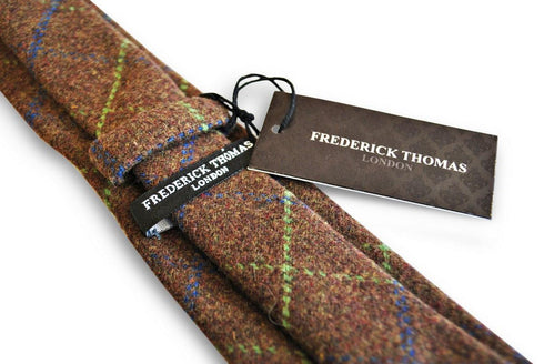 brown, blue and green check tweed skinny tie