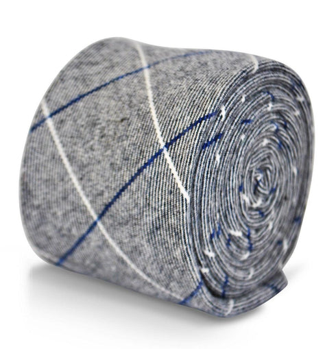 light grey tie with blue and white windowpane design