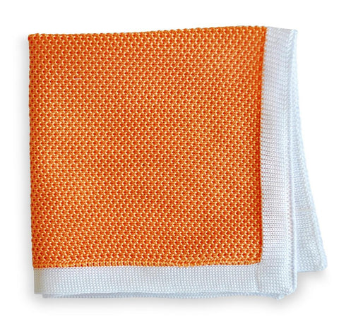 peach knitted pocket square with white edging