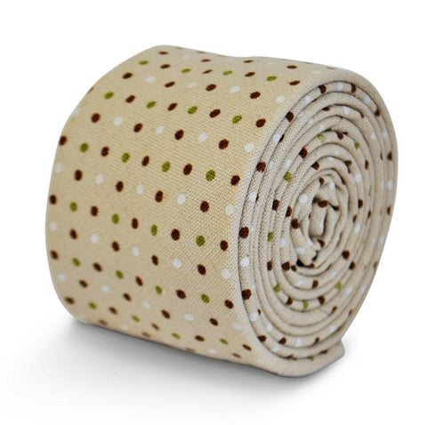 beige tie with green, red and white polka dots