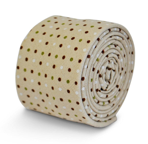 beige tie with green, red and white polka dots