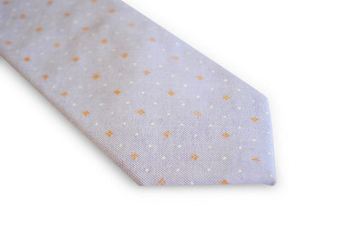 lilac tie with white and orange polka dots