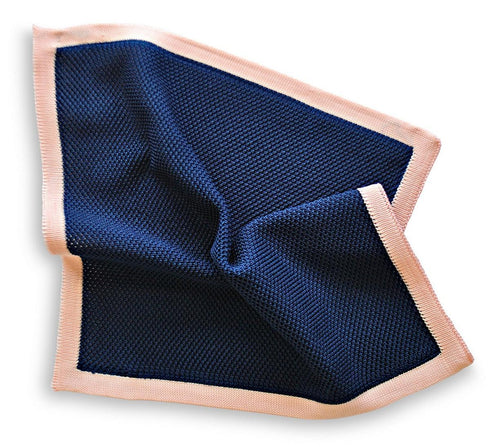 navy blue knitted pocket square with powder pink edging
