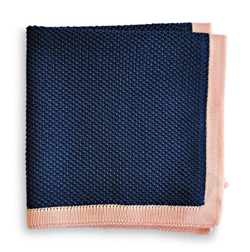 navy blue knitted pocket square with powder pink edging