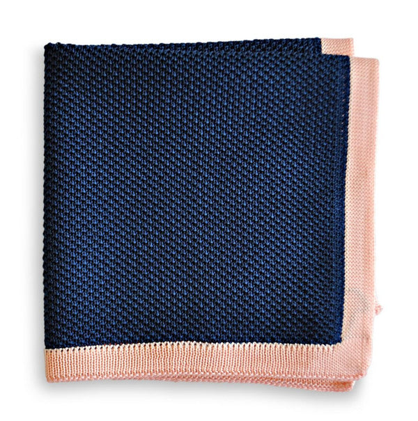 navy blue knitted pocket square with powder pink edging