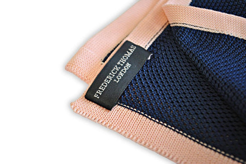 navy blue knitted pocket square with powder pink edging