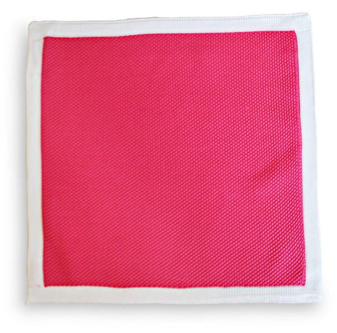 bright pink knitted pocket square with white edging